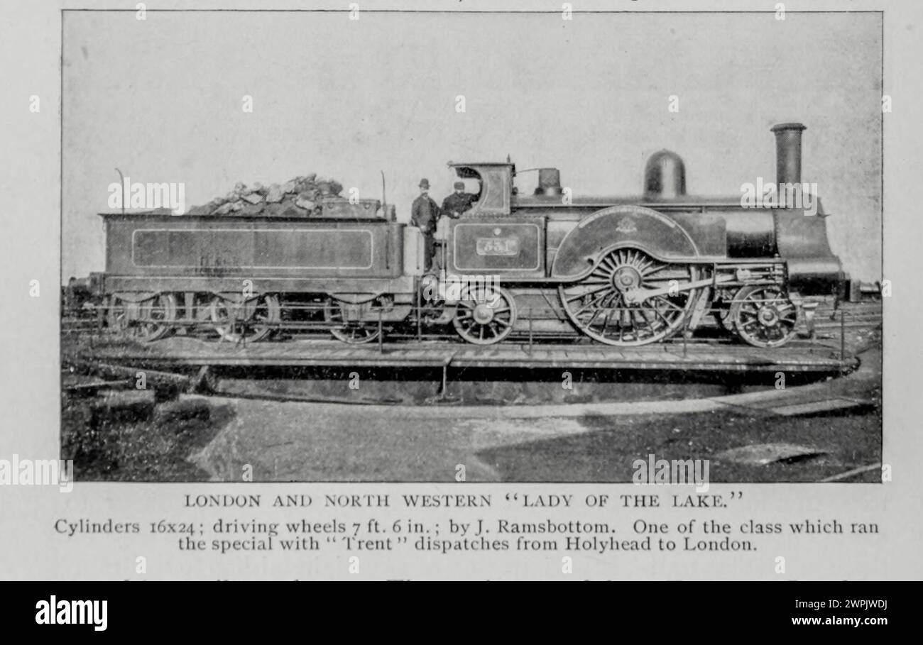 LONDON E NORTH West Lady of the Lake Cyliners 16x24; ruote motrici 7 ft. 6 poll. ; Di J. Rainshottom. Uno della classe che gestiva lo speciale con Trent spedisce da Holyhead a Londra. Dall'articolo NOTEVOLI PROVE DI VELOCITÀ DELLE LOCOMOTIVE BRITANNICHE.di Charles Rous-Marten. Dalla rivista Engineering dedicata al progresso industriale volume XV 1898 The Engineering Magazine Co Foto Stock