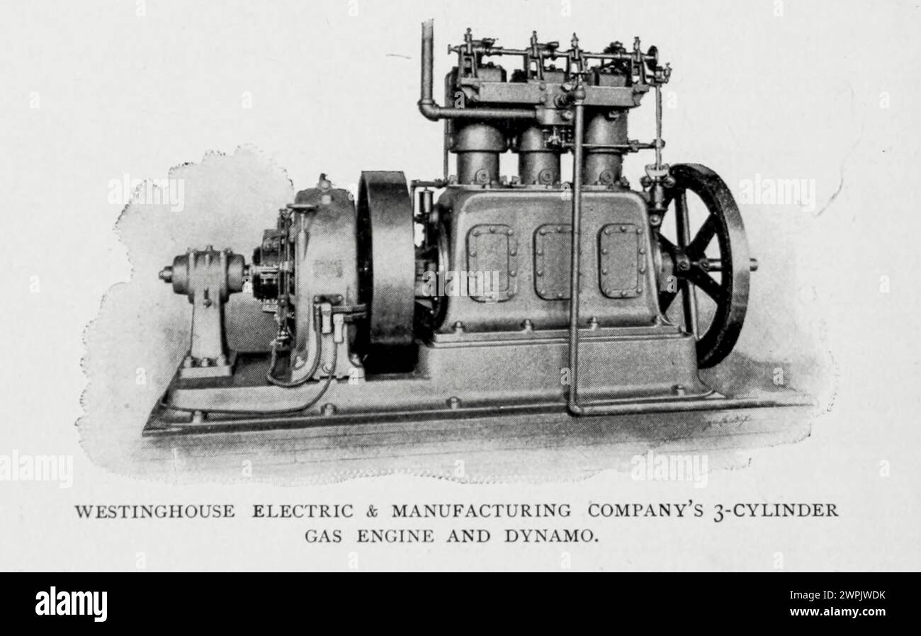 MOTORE A GAS A 3 CILINDRI E DYNAMO DELLA WESTINGHOUSE ELECTRIC & MANUFACTURING COMPANY. Dall'articolo IL MOTORE A GAS NELLA PRATICA AMERICANA. Di George Richmond della rivista Engineering dedicata al progresso industriale volume XV 1898 The Engineering Magazine Co Foto Stock