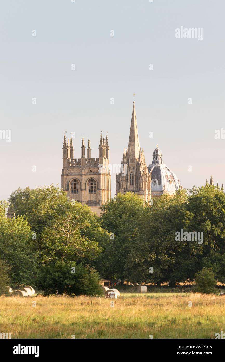 Regno Unito, Oxford, Skyline da Christ Church Meadow. La torre del Merton College, la guglia della Chiesa di Santa Maria Vergine e la cupola del Foto Stock
