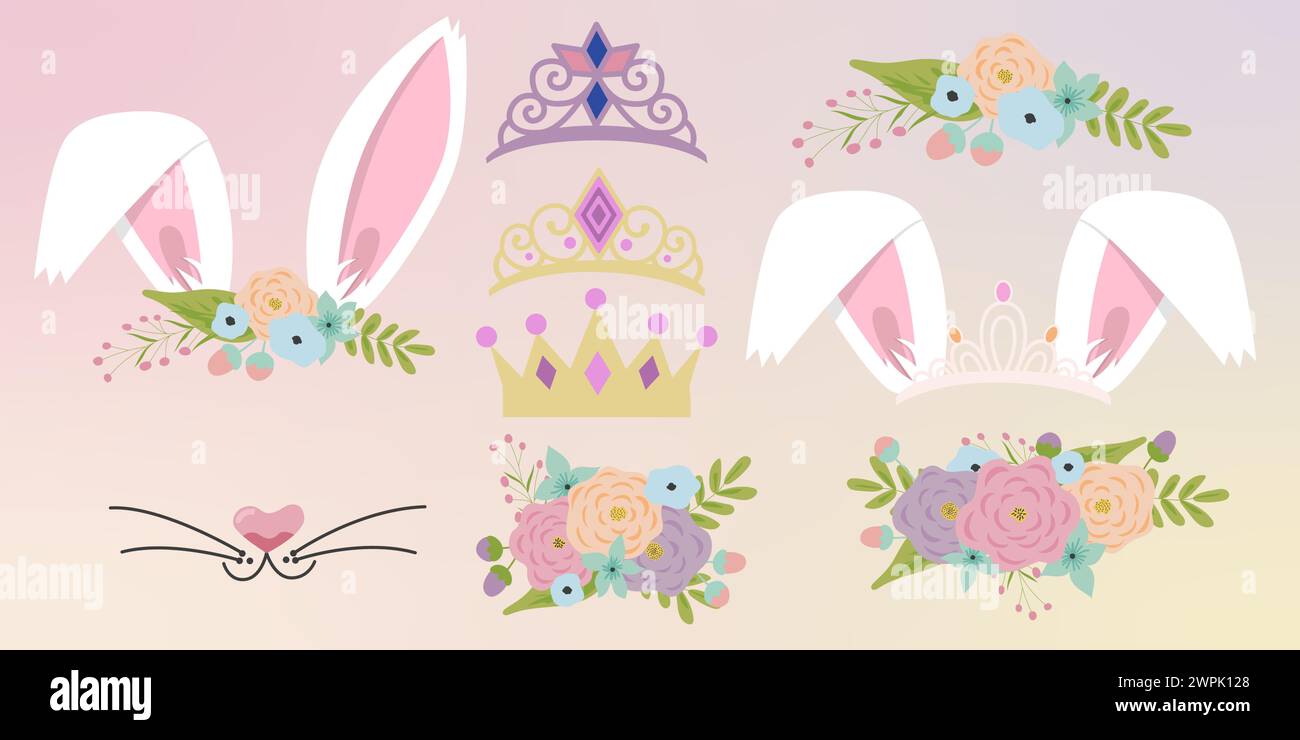 Gli elementi del volto di coniglio impostano le orecchie del disegno piatto del cartone animato e le illustrazioni vettoriali del naso isolate. Filtro maschera Bunny Ears con corona floreale. Illustrazione Vettoriale