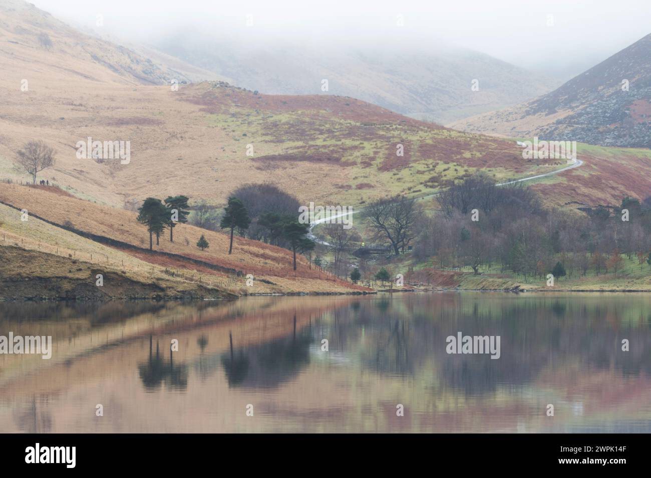Regno Unito, West Yorkshire, Peak District - bacino idrico della colomba Valley con escursionisti. Foto Stock