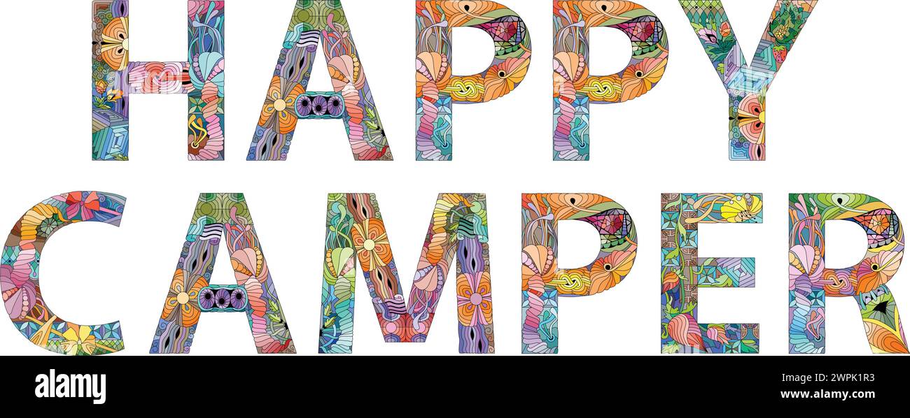 Design artistico dipinto a mano. Parole illustrative disegnate a mano HAPPY CAMPER per per t-shirt e altre decorazioni Illustrazione Vettoriale