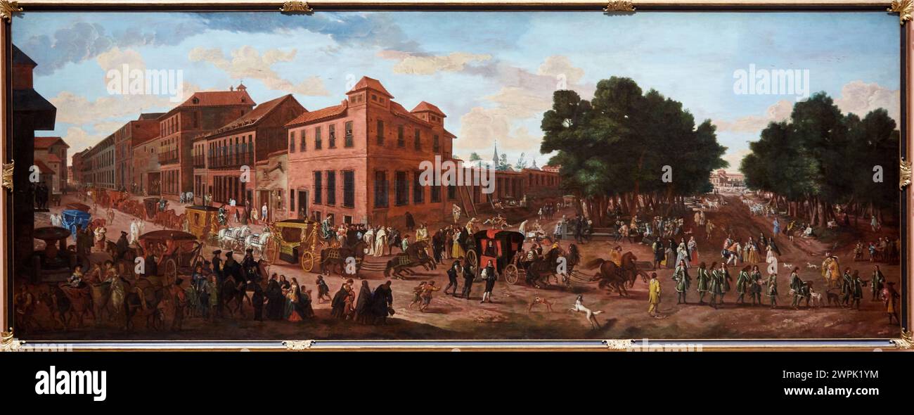 "Veduta della Carrera de San Jerónimo e del Paseo del Prado con una processione di carrozze", 1686, Jan van Kessel III (atribuido), Thyssen Bornemisza Mus Foto Stock