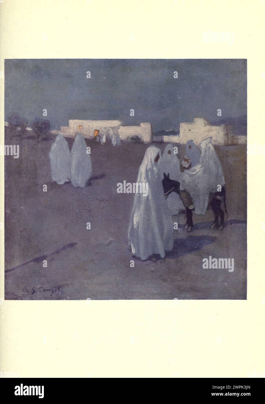 Moonlight Morocco dipinto da A. S. (Archibald Stevenson) Forrest, pittore, disegnatore e illustratore inglese, l'illustrazione è stata incisa in Inghilterra dal processo di Hentschel Colourtype. Foto Stock