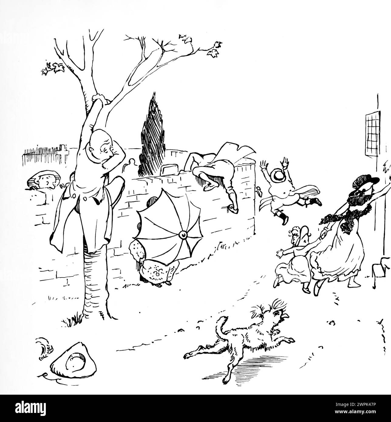 MAD Dog un poema di Oliver Goldsmith illustrato da Randolph Caldecott, 'An Elegy on the Death of A Mad Dog' di Oliver Goldsmith è un poema satirico che impiega ironia e umorismo per criticare l'ipocrisia e la superficialità della società. Il poema riflette l'enfasi dell'Illuminismo sulla ragione e lo scetticismo. Satira la cieca adesione alla tradizione e la tendenza a giudicare gli altri sulla base delle apparenze piuttosto che del vero carattere. Foto Stock