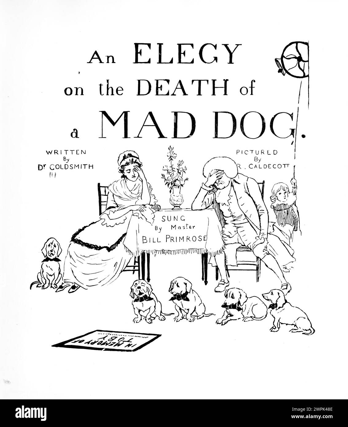 Frontespizio Mad Dog un poema di Oliver Goldsmith illustrato da Randolph Caldecott, 'An Elegy on the Death of A Mad Dog' di Oliver Goldsmith è un poema satirico che impiega ironia e umorismo per criticare l'ipocrisia e la superficialità della società. Il poema riflette l'enfasi dell'Illuminismo sulla ragione e lo scetticismo. Satira la cieca adesione alla tradizione e la tendenza a giudicare gli altri sulla base delle apparenze piuttosto che del vero carattere. Foto Stock