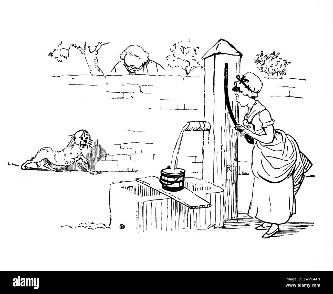 MAD Dog un poema di Oliver Goldsmith illustrato da Randolph Caldecott, 'An Elegy on the Death of A Mad Dog' di Oliver Goldsmith è un poema satirico che impiega ironia e umorismo per criticare l'ipocrisia e la superficialità della società. Il poema riflette l'enfasi dell'Illuminismo sulla ragione e lo scetticismo. Satira la cieca adesione alla tradizione e la tendenza a giudicare gli altri sulla base delle apparenze piuttosto che del vero carattere. Foto Stock