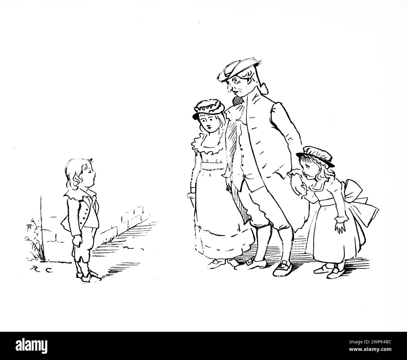 MAD Dog un poema di Oliver Goldsmith illustrato da Randolph Caldecott, 'An Elegy on the Death of A Mad Dog' di Oliver Goldsmith è un poema satirico che impiega ironia e umorismo per criticare l'ipocrisia e la superficialità della società. Il poema riflette l'enfasi dell'Illuminismo sulla ragione e lo scetticismo. Satira la cieca adesione alla tradizione e la tendenza a giudicare gli altri sulla base delle apparenze piuttosto che del vero carattere. Foto Stock