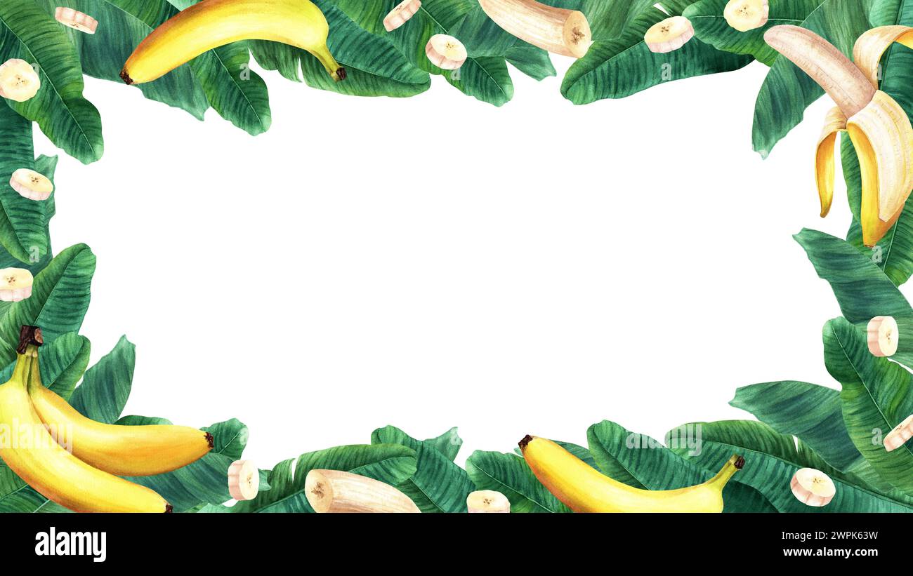 Cornice rettangolare ad acquerello con foglie di banana e frutta. Illustrazione isolata su bianco. Per l'invito alle carte Foto Stock