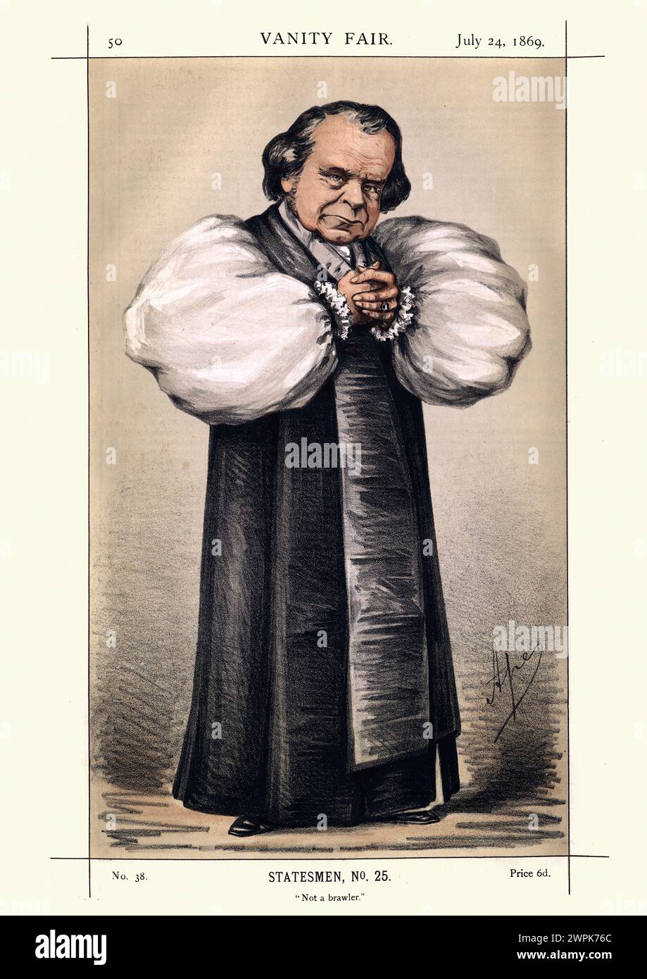 Incisione vintage di Samuel Wilberforce, vescovo di Oxford. Non un lottatore. Da Vanity Fair1869. Cromolitografia. Un vescovo inglese nella Chiesa o Foto Stock