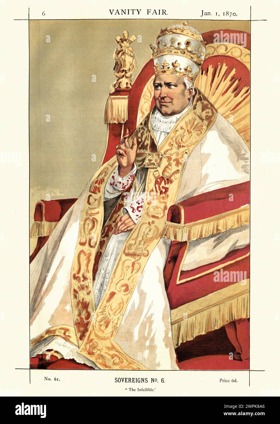 Incisione vintage di Papa Pio IX L'infallibile. Da Vanity Fair1869. Cromolitografia. Capo della Chiesa cattolica dal 16 giugno 1846 al suo decesso Foto Stock