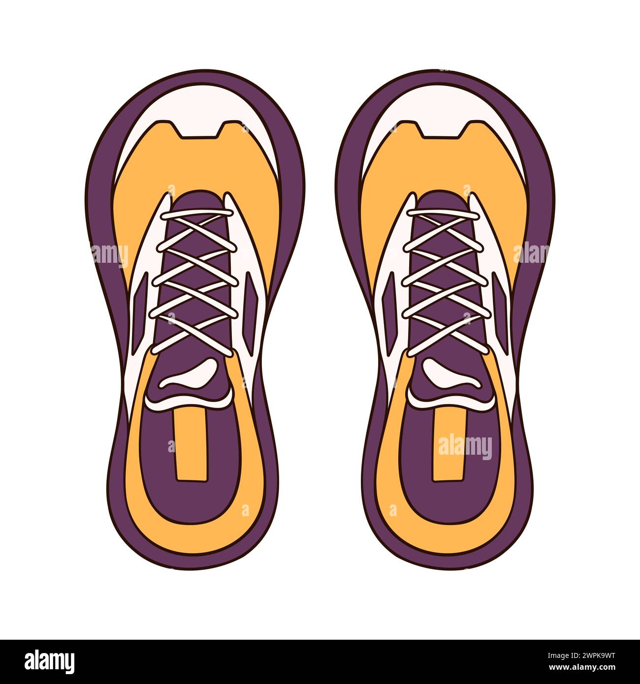 Sneaker casual per uomo e donna in stile cartoni animati. Scarpe disegnate a mano di colore giallo e viola. Design con vista dall'alto per icona, logo negozio. Vettore Illustrazione Vettoriale
