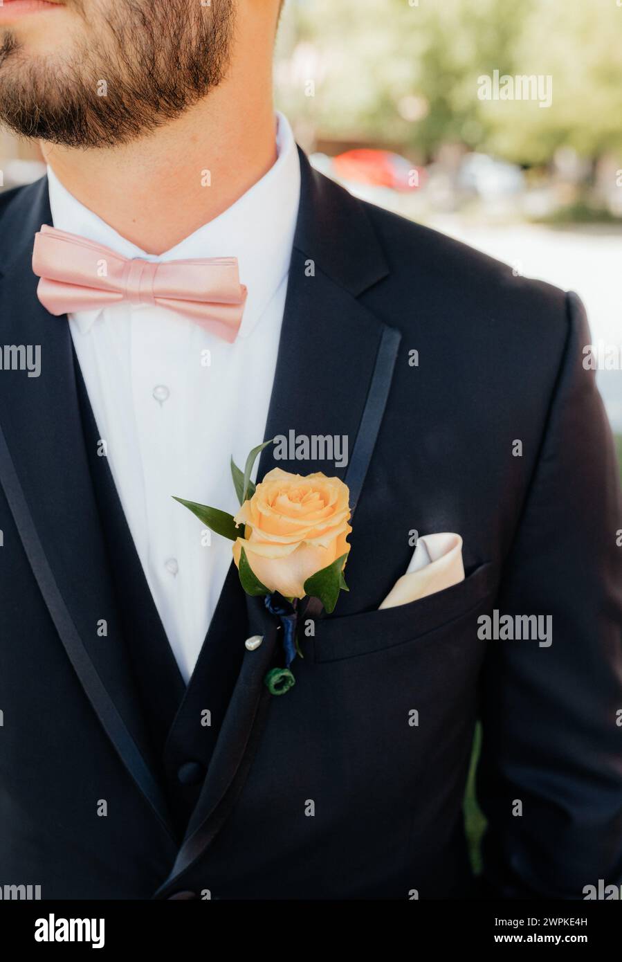 Boutonniere di sposo riprende il giorno del matrimonio Foto Stock