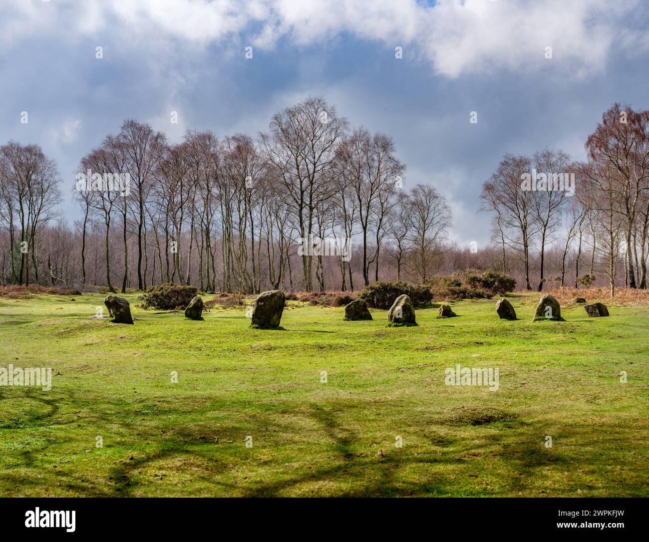 The Nine Ladies un cerchio di pietre tardo neolitiche su Stanton Moor nel Derbyshire Peak District nel Regno Unito Foto Stock