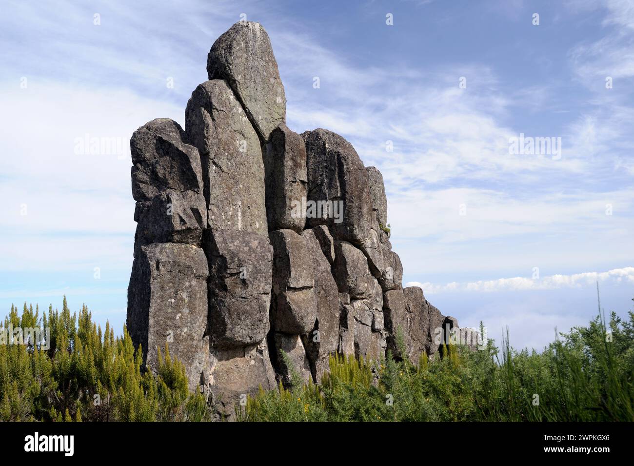 Homem me pé, struttura geologica composta da blocchi di basalto, che assomiglia a un uomo in piedi, São Jorge Foto Stock