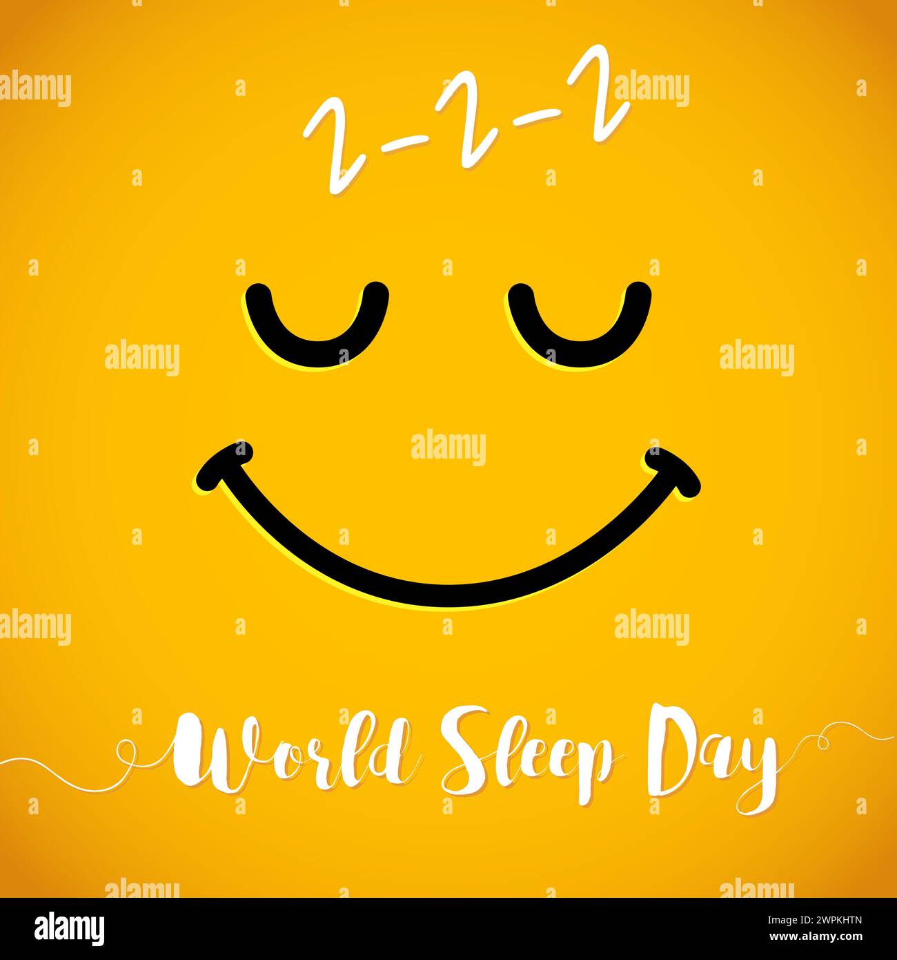 Poster Web del World Sleep Day. Faccia gialla dei social media, simpatici saluti. Post della rete Internet. Icona del sorriso dormiente. Elementi isolati. Design creativo. Illustrazione Vettoriale