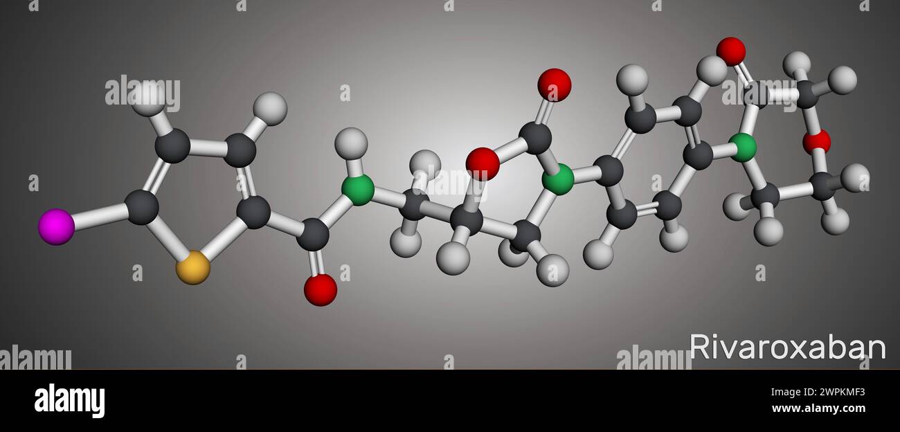 Molecola di rivaroxaban. È un anticoagulante e l'inibitore diretto del fattore Xa attivo per via orale. Modello molecolare. Rendering 3D. Illustrazione Foto Stock