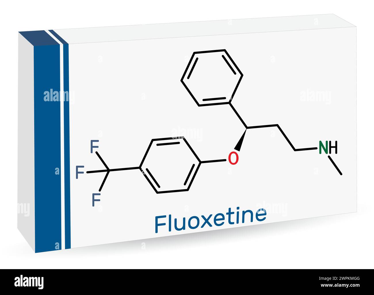 Molecola di fluoxetina, è antidepressivo dell'inibitore selettivo della ricaptazione della serotonina SSRI. Formula chimica scheletrica. Imballaggio di carta per farmaci. VECTO Illustrazione Vettoriale