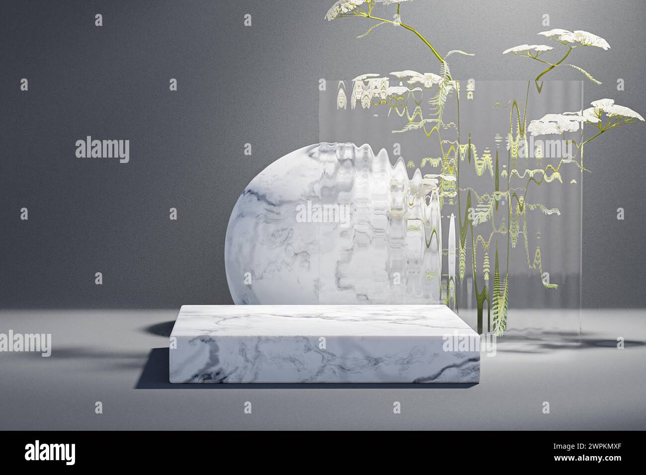 Rendering 3D di uno sfondo di podio in marmo. Foto Stock