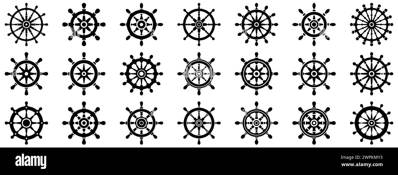 Icona del volante della nave. Set di ruote della nave. Simboli del volante. Icona del volante dell'imbarcazione Illustrazione Vettoriale