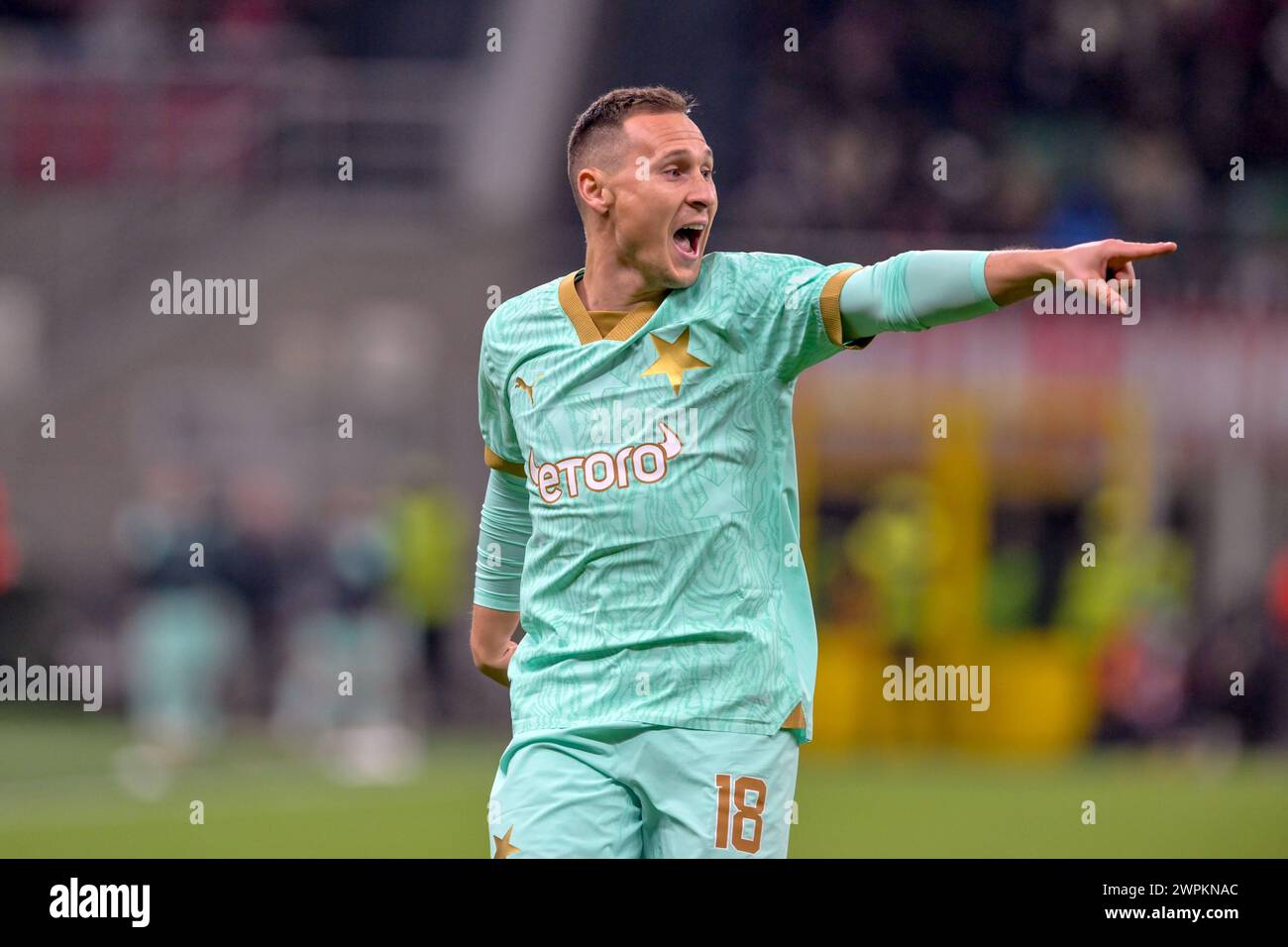 Milano, Italia. 7 marzo 2024. Jan Boril (18) dello Slavia Praga visto durante la partita di UEFA Europa League tra il Milan e lo Slavia Praga al San Siro di Milano. (Photo Credit: Gonzales Photo/Alamy Live News Foto Stock