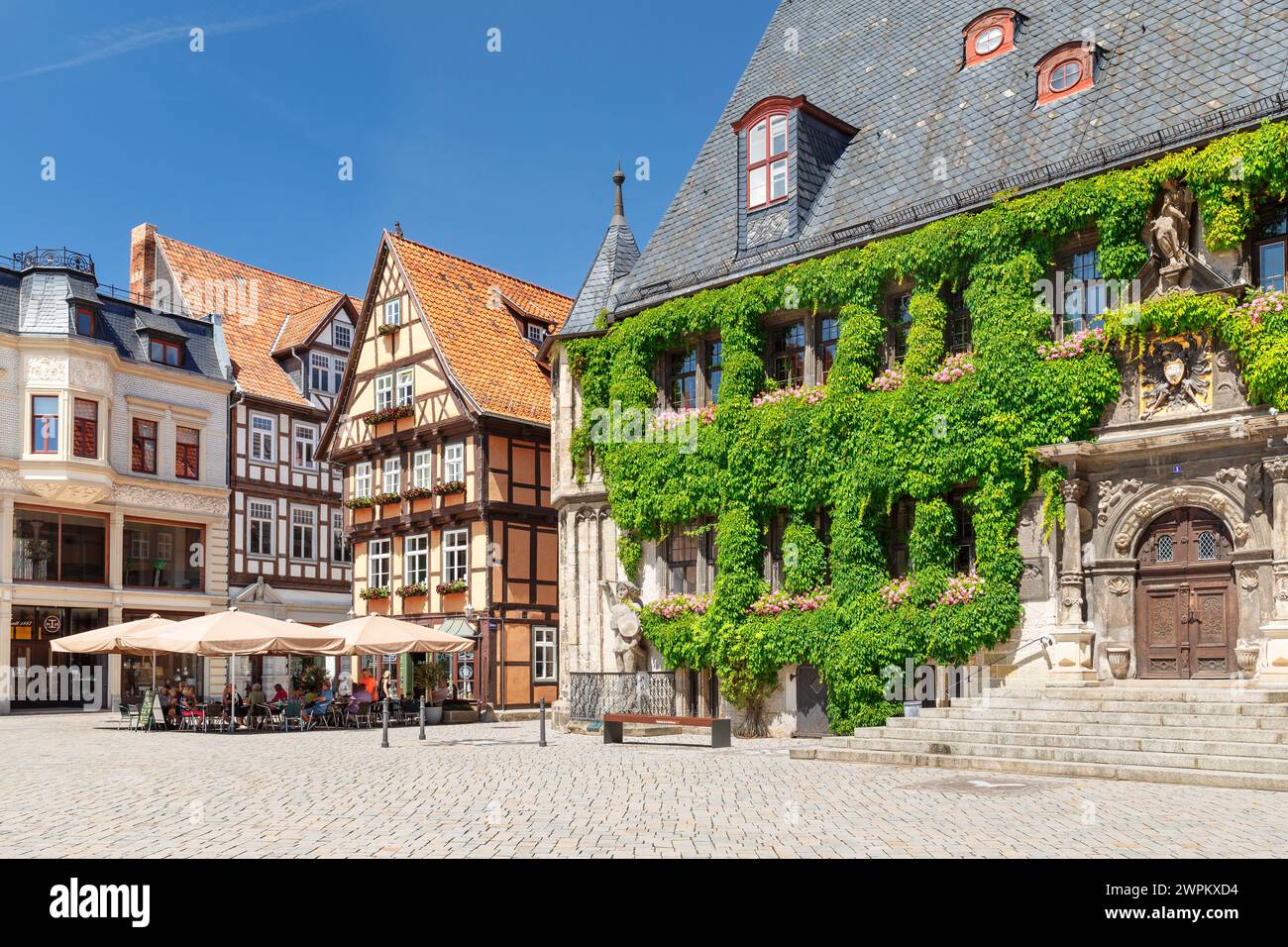 Mercato con Municipio, Quedlinburg, Harz, Sassonia-Anhalt, Germania, Europa Foto Stock
