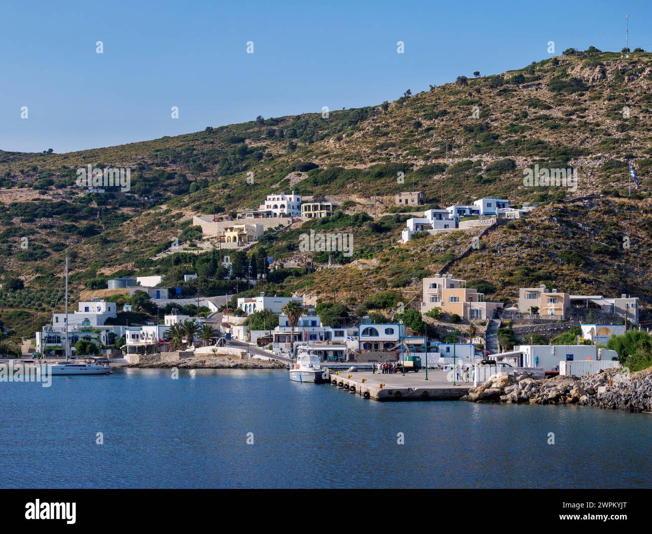 Porto di Agathonisi, isola di Agathonisi, Dodecaneso, isole greche, Grecia, Europa Foto Stock