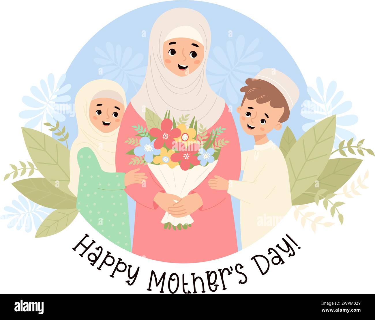 Carina donna musulmana madre con i suoi figli figlio e figlia con bouquet di fiori. Cartolina per la festa della mamma. Illustrazione vettoriale. Positivo Illustrazione Vettoriale