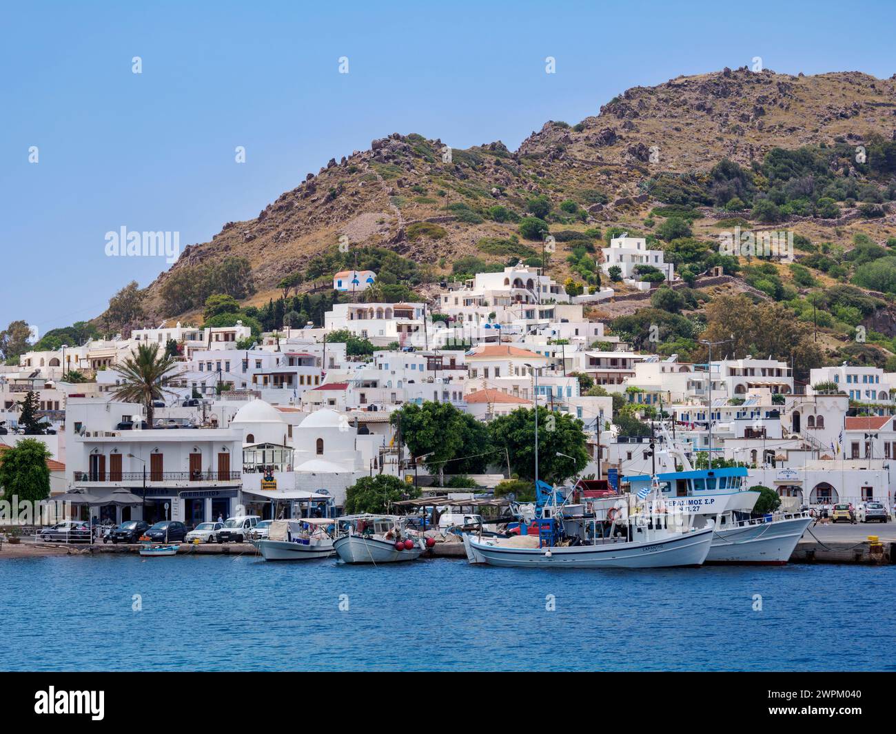Porto di Skala, Isola di Patmos, Dodecaneso, Isole greche, Grecia, Europa Foto Stock