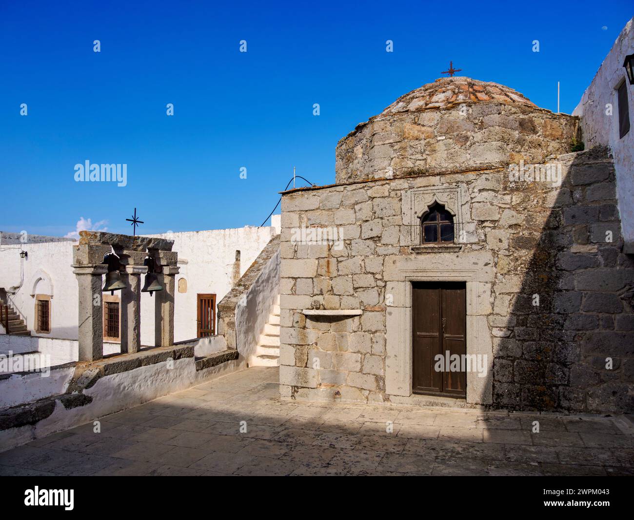 Monastero di San Giovanni Teologo, Patmos Chora, sito patrimonio dell'umanità dell'UNESCO, isola di Patmos, Dodecaneso, isole greche, Grecia, Europa Foto Stock