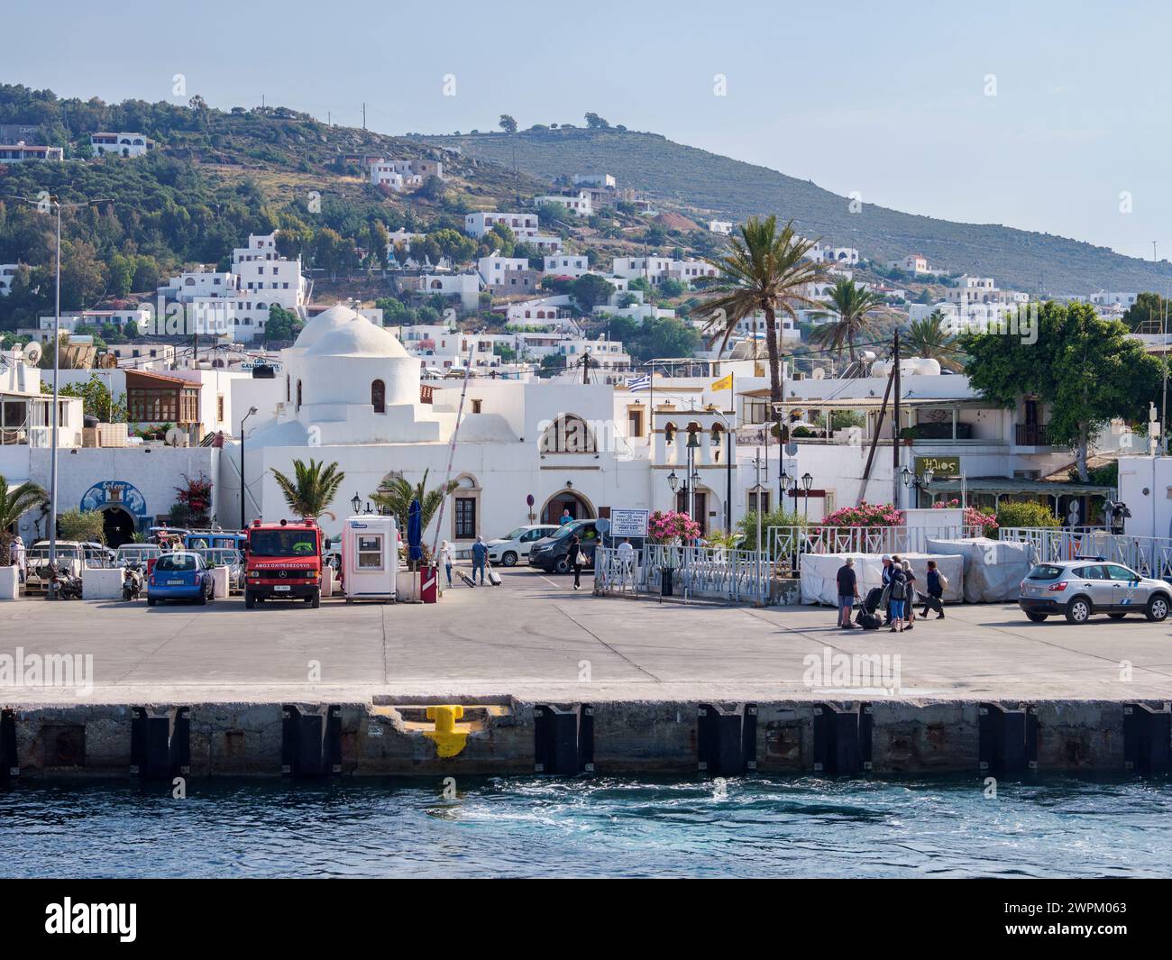 Lungomare di Skala, isola di Patmos, Dodecaneso, isole greche, Grecia, Europa Foto Stock