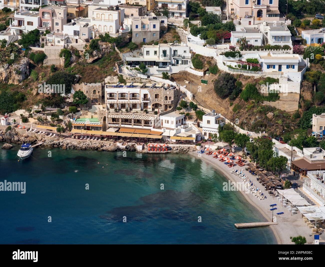 Pandeli Beach, vista sopraelevata, Leros Island, Dodecaneso, Isole greche, Grecia, Europa Foto Stock