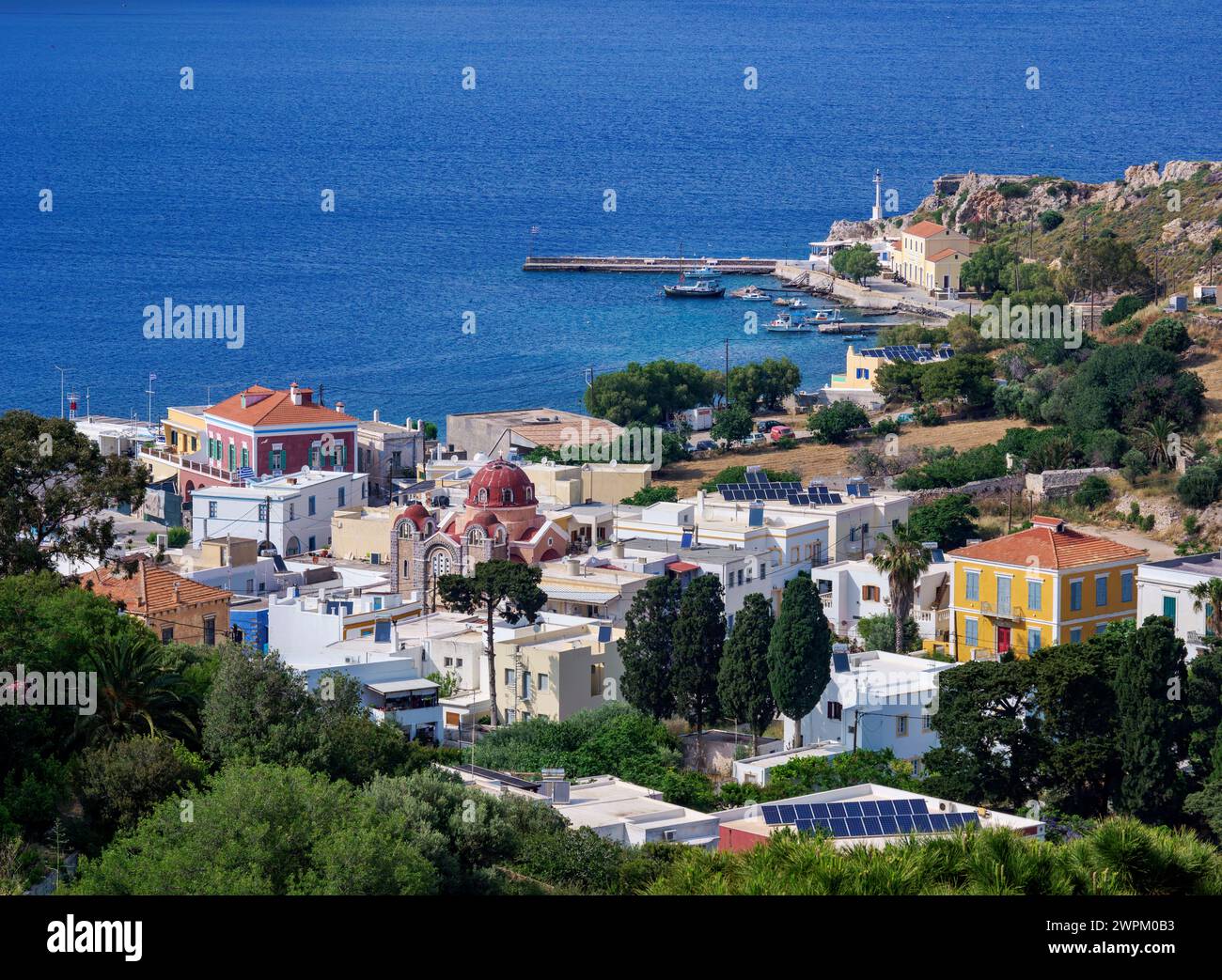 Agia Marina, vista sopraelevata, isola di Leros, Dodecaneso, isole greche, Grecia, Europa Foto Stock