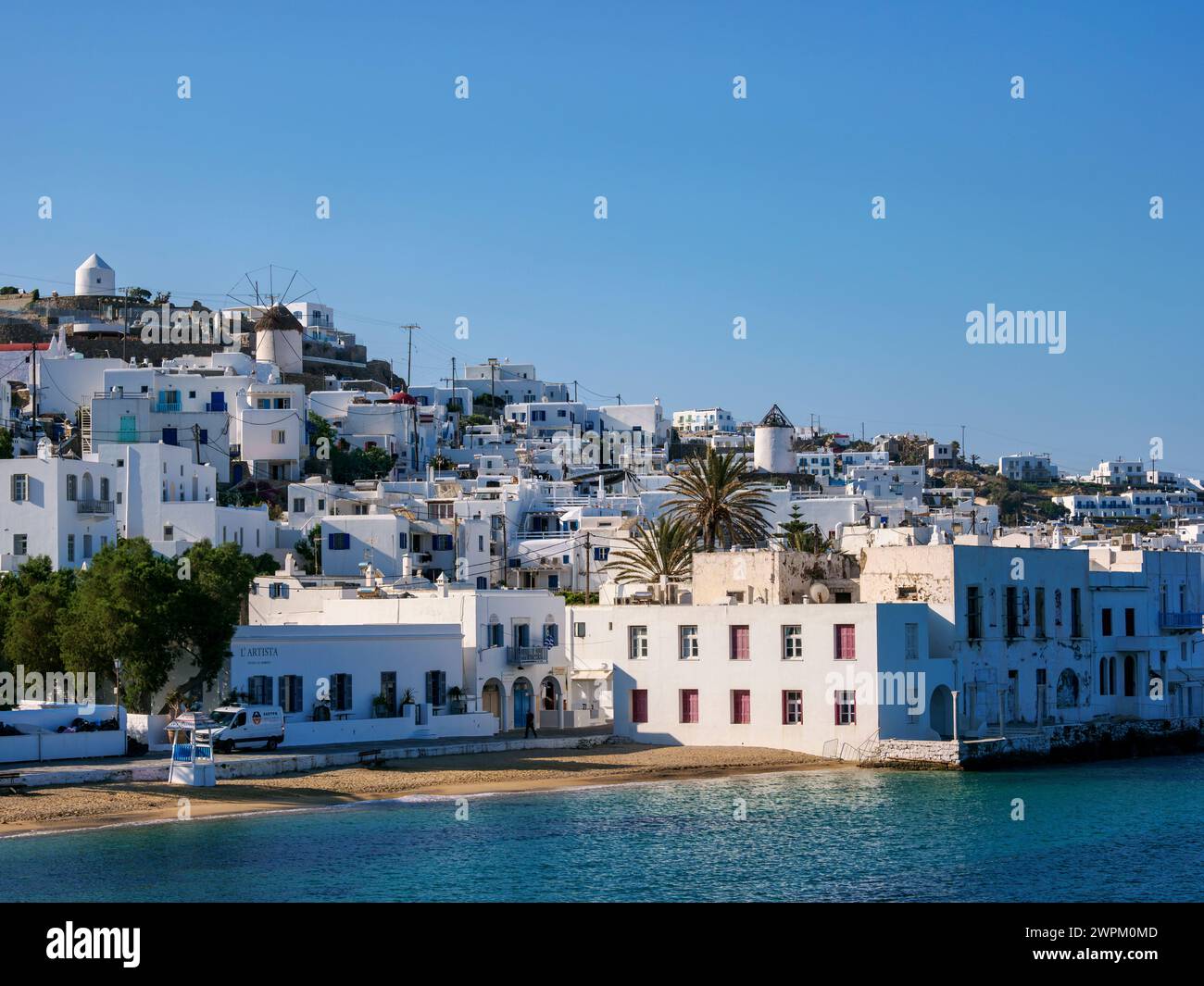 Chora Waterfront, Mykonos Town, Mykonos Island, Cicladi, Isole greche, Grecia, Europa Foto Stock