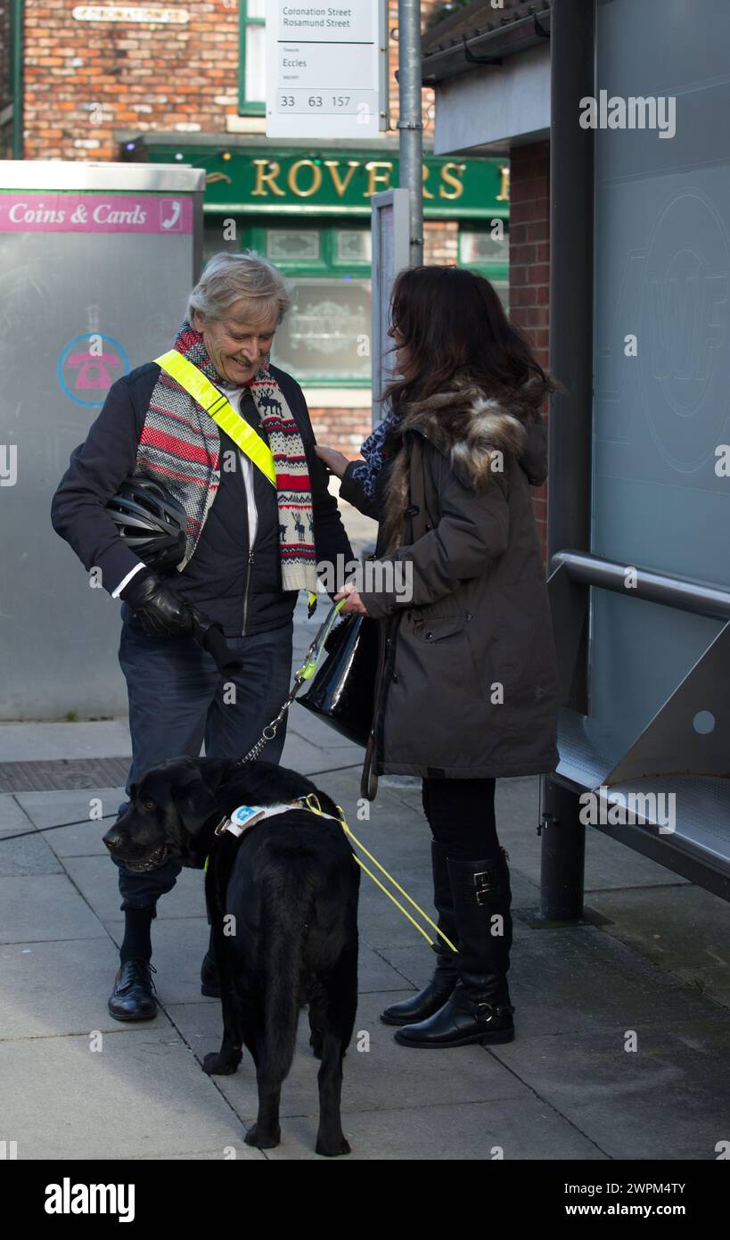 10/11/15 ***FOTO GRATUITA PER USO EDITORIALE*** ITV This Morning's Guide Dog cucciolo, Clover, esplora il set e incontra alcuni del cast di Coronation St Foto Stock