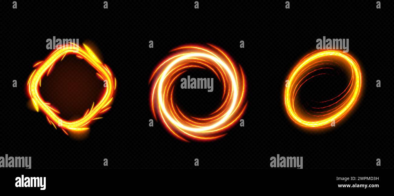 Strutture tagliafuoco isolate su sfondo trasparente. Illustrazione vettoriale realistica dei bordi arancioni a forma di cerchio e rombo che bruciano con fiamma e scintille Illustrazione Vettoriale