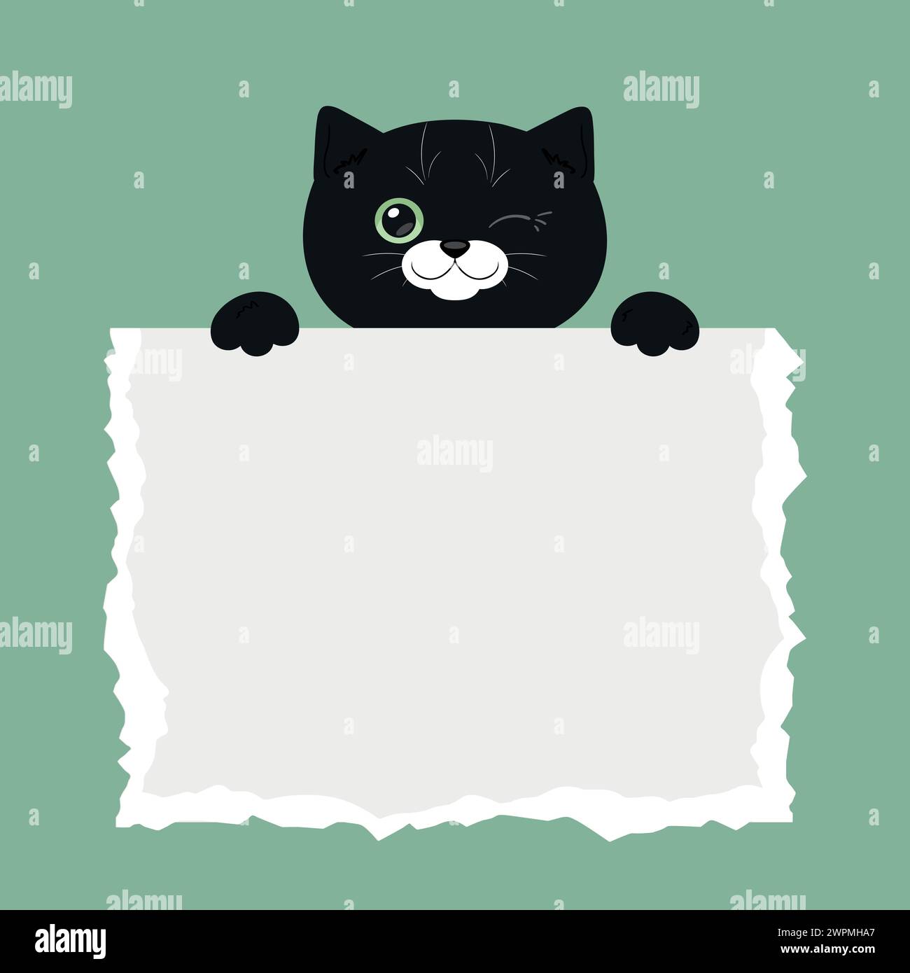 Gatto nero cartoni animati con un foglio di carta strappato. Modello carino per il testo. Illustrazione vettoriale Illustrazione Vettoriale