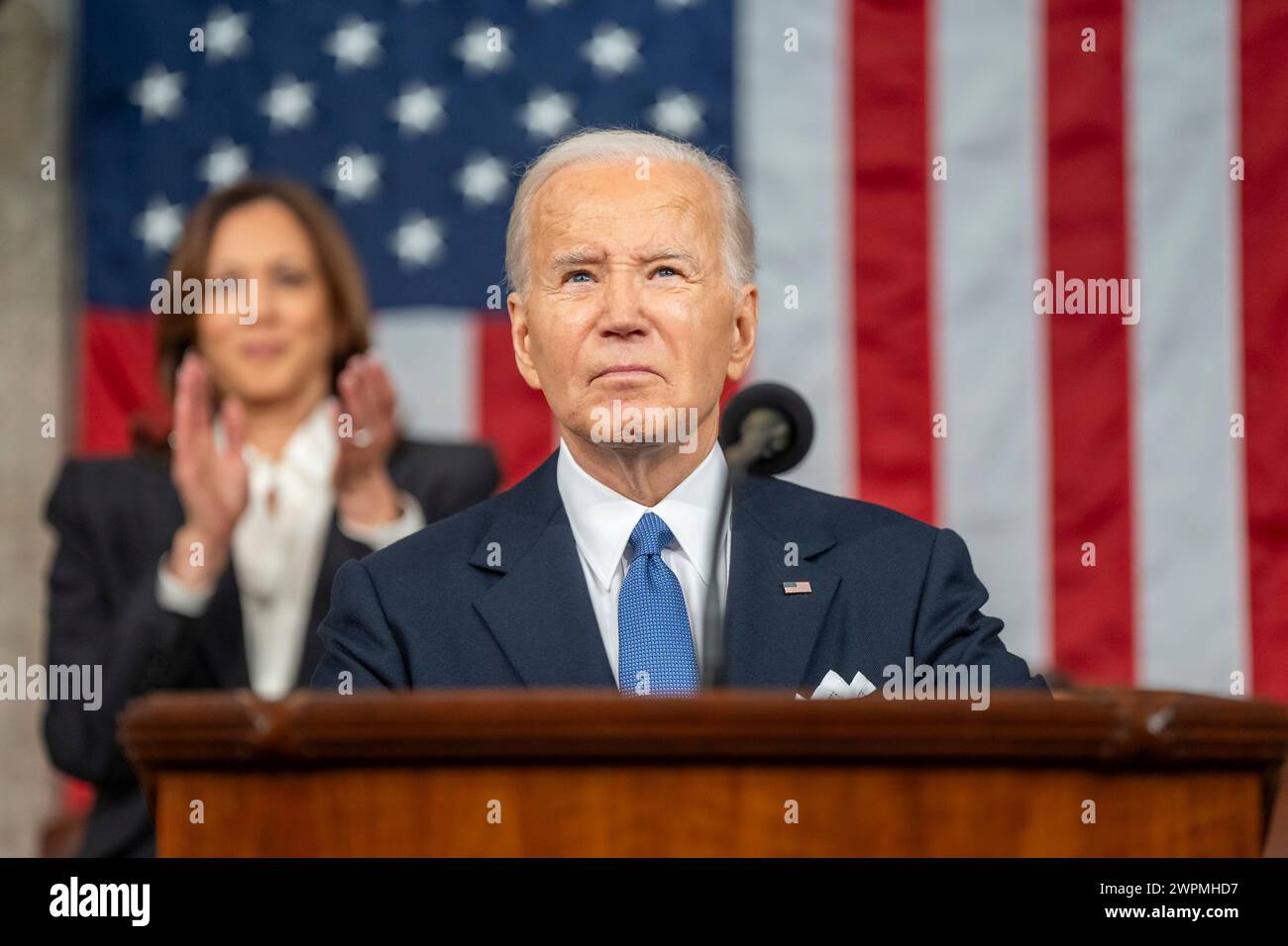 Washington, Stati Uniti d'America. 7 marzo 2024. Washington, Stati Uniti d'America. 7 marzo 2024. Il presidente degli Stati Uniti Joe Biden tiene il discorso sullo stato dell'Unione a una sessione congiunta del Congresso a Capitol Hill, il 7 marzo 2024 a Washington, DC Credit: Adam Schultz/White House Photo/Alamy Live News Foto Stock