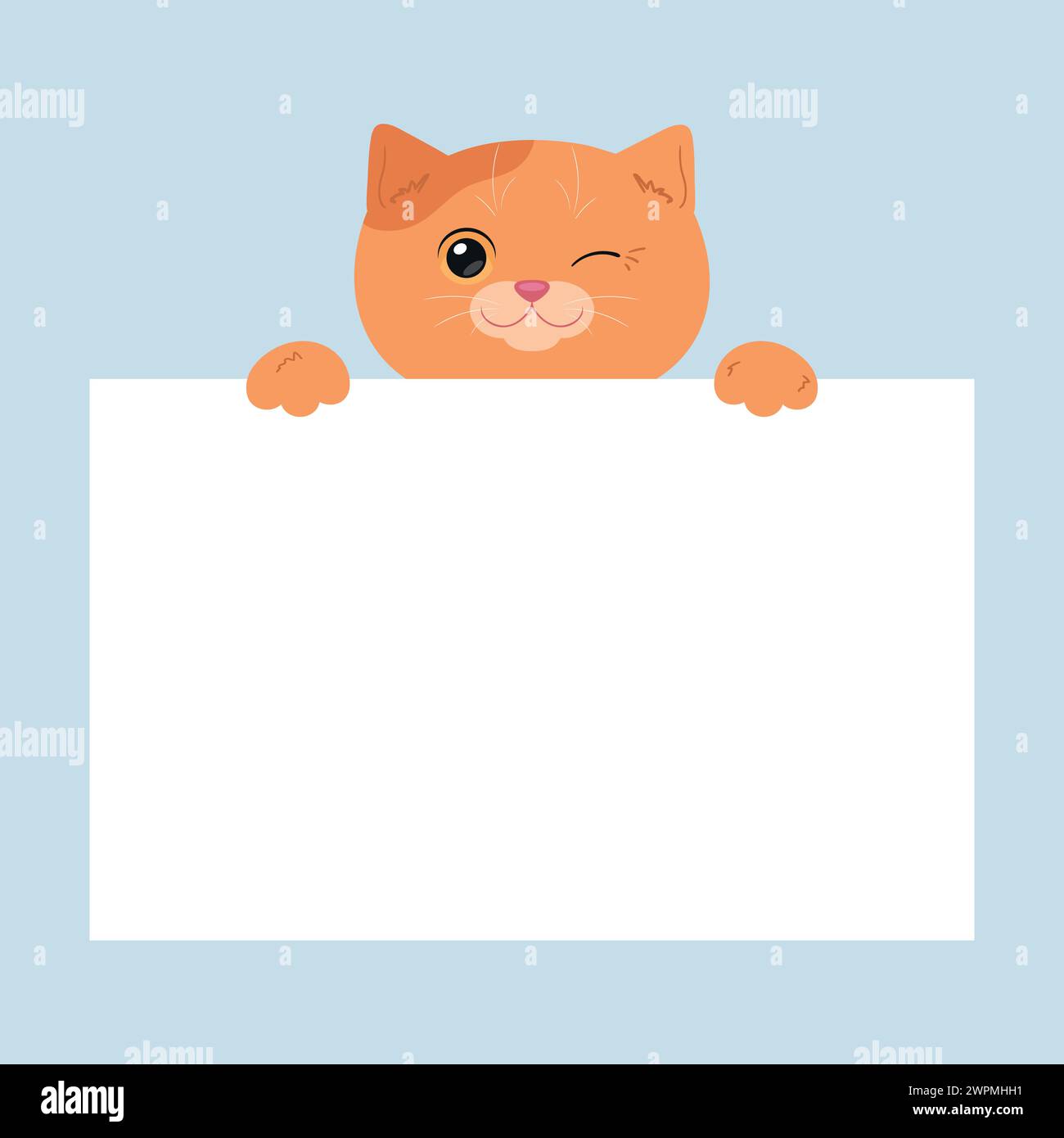 Gatto dello zenzero che avvolge un cartone animato con un foglio di carta bianco. Modello carino per il testo. Illustrazione vettoriale Illustrazione Vettoriale