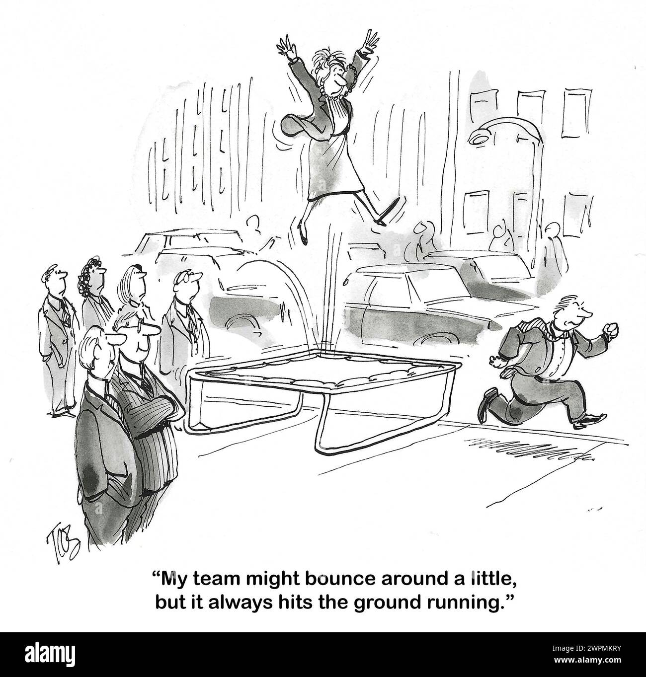 Il cartone animato BW di un team di lavoro che salta su un enorme trampolino, ma si mette a terra e si prepara. Foto Stock