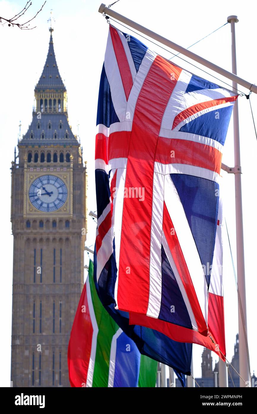 Londra, Regno Unito, 8 marzo 2024. Le bandiere dei paesi membri del Commonwealth sono installate sulla piazza del Parlamento. Credito: Fotografia dell'undicesima ora/Alamy Live News Foto Stock