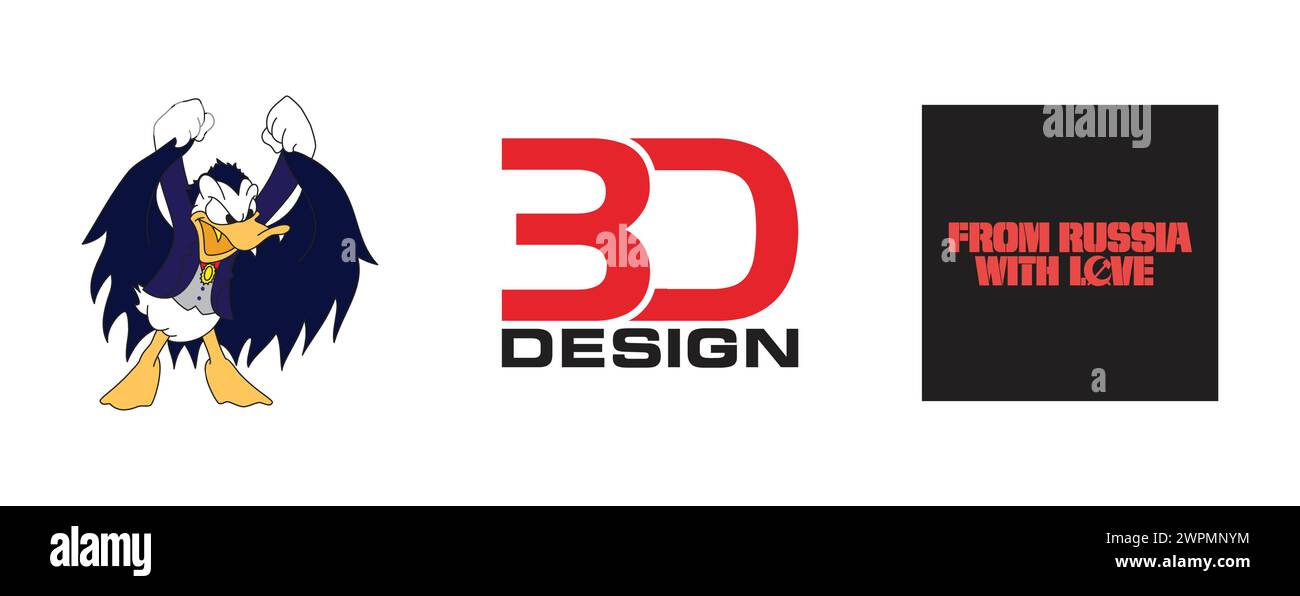 Dalla Russia con , 3D DESIGN, Donald Dracul Duck. Collezione di logo vettoriali editoriali. Illustrazione Vettoriale