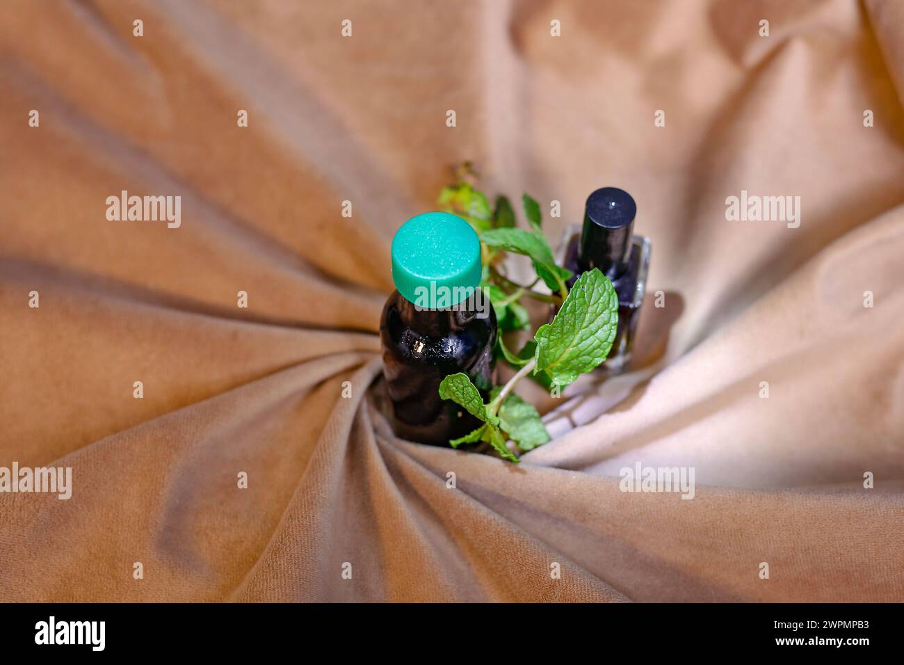 Vista dall'alto della bottiglia con olio essenziale di menta o acqua tonica su sfondo marrone Foto Stock