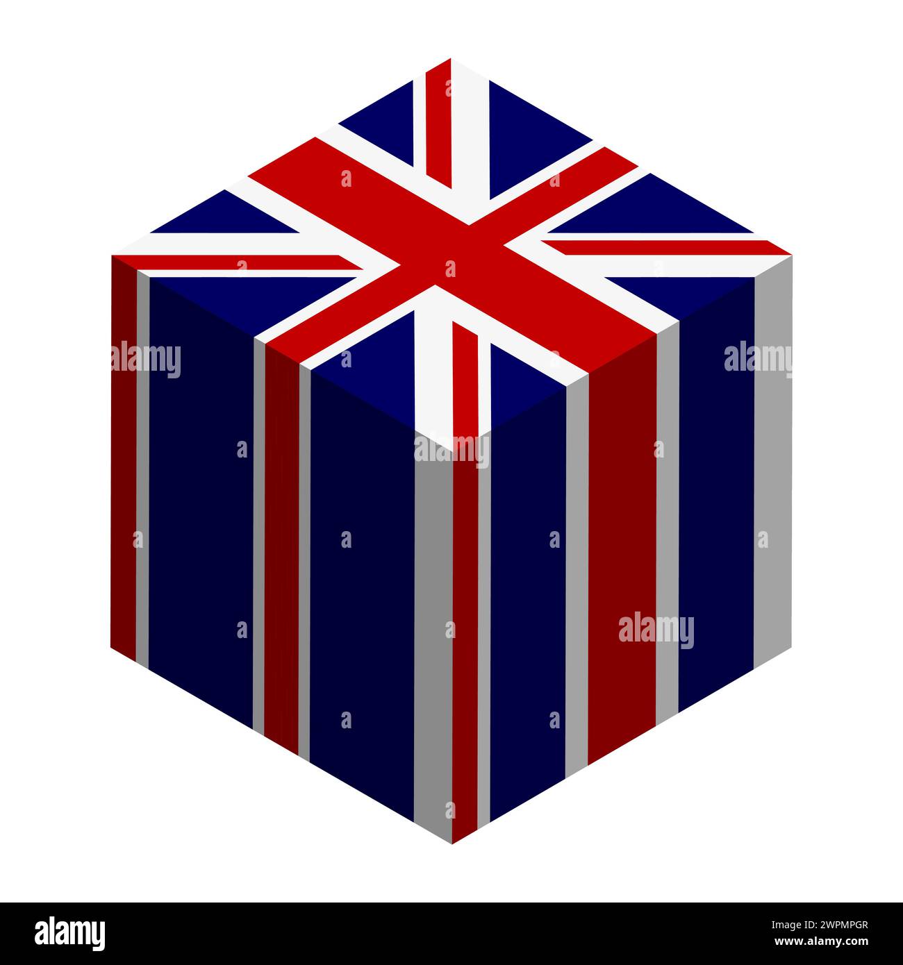 Bandiera del Regno Unito di Gran Bretagna e Irlanda del Nord - cubo isometrico 3D isolato su sfondo bianco. Oggetto vettoriale. Illustrazione Vettoriale