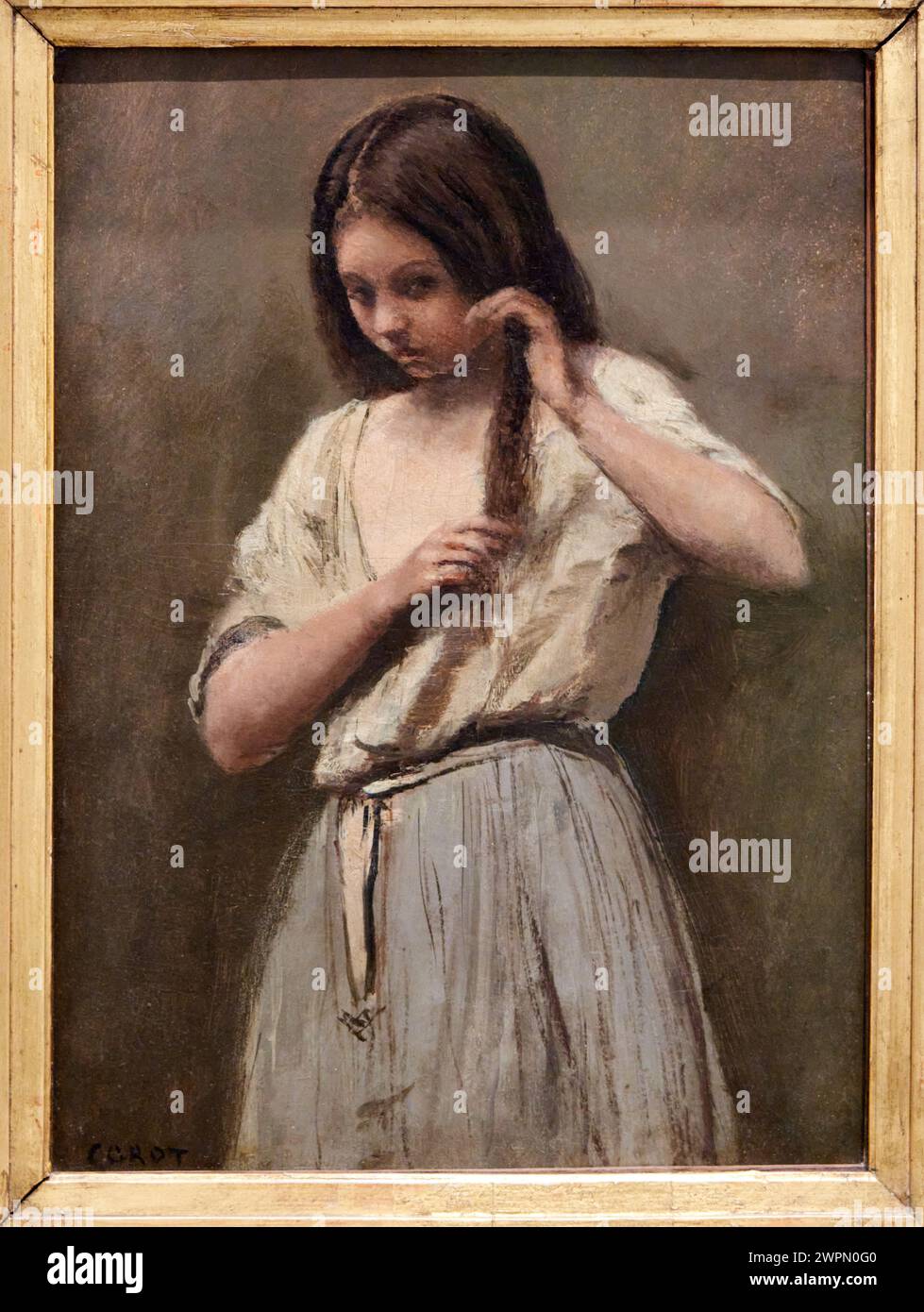 Jean-Baptiste Camille Corot, 1796-1875, Jeune fille à sa toilette, giovane ragazza al suo WC, 1850-1875 , Museo Reina Sofia, Madrid, Spagna Foto Stock