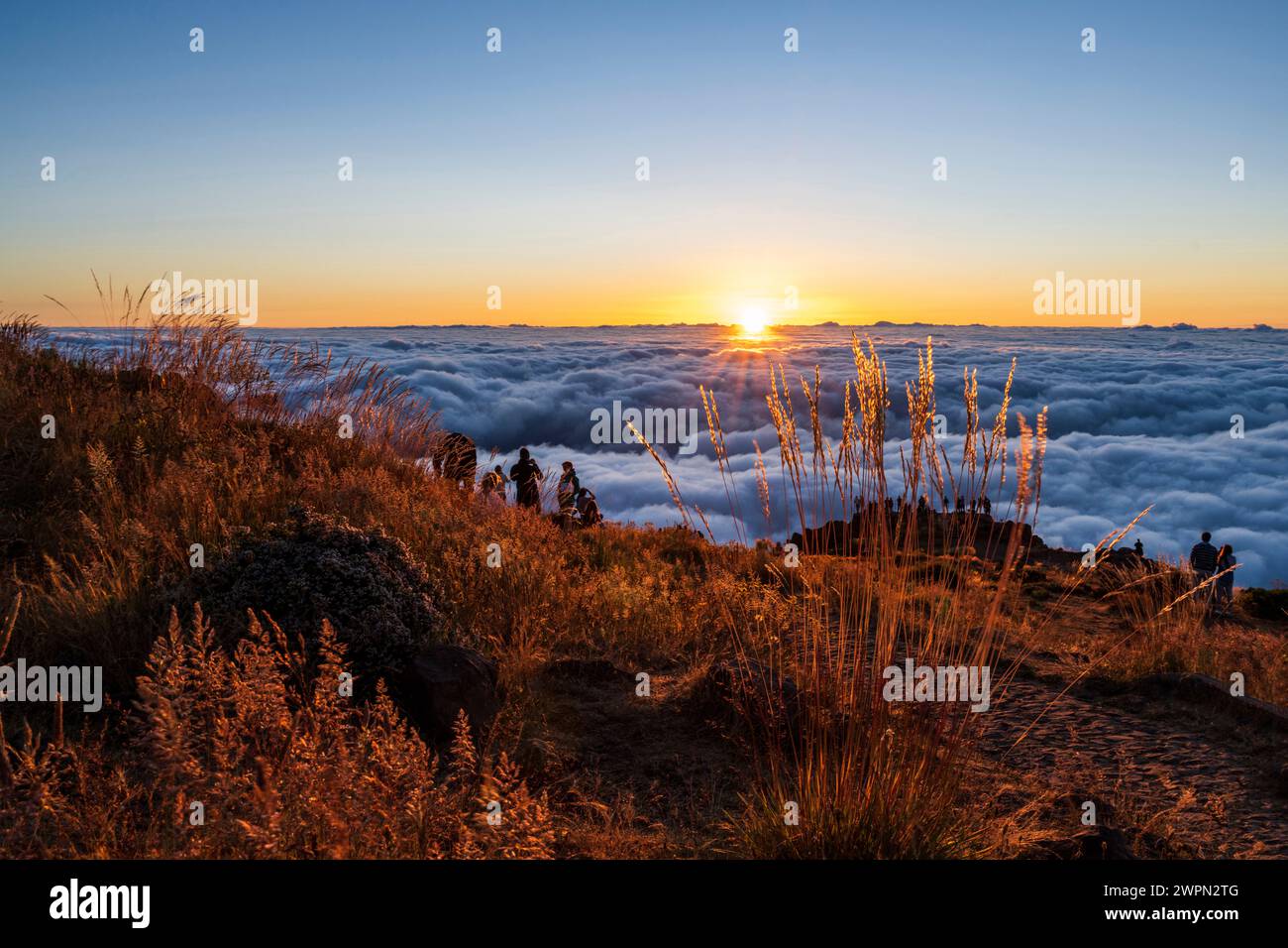 Turisti all'alba sopra le nuvole, Miradouro do Pico do Areeiro, Madeira, Portogallo, Europa Foto Stock