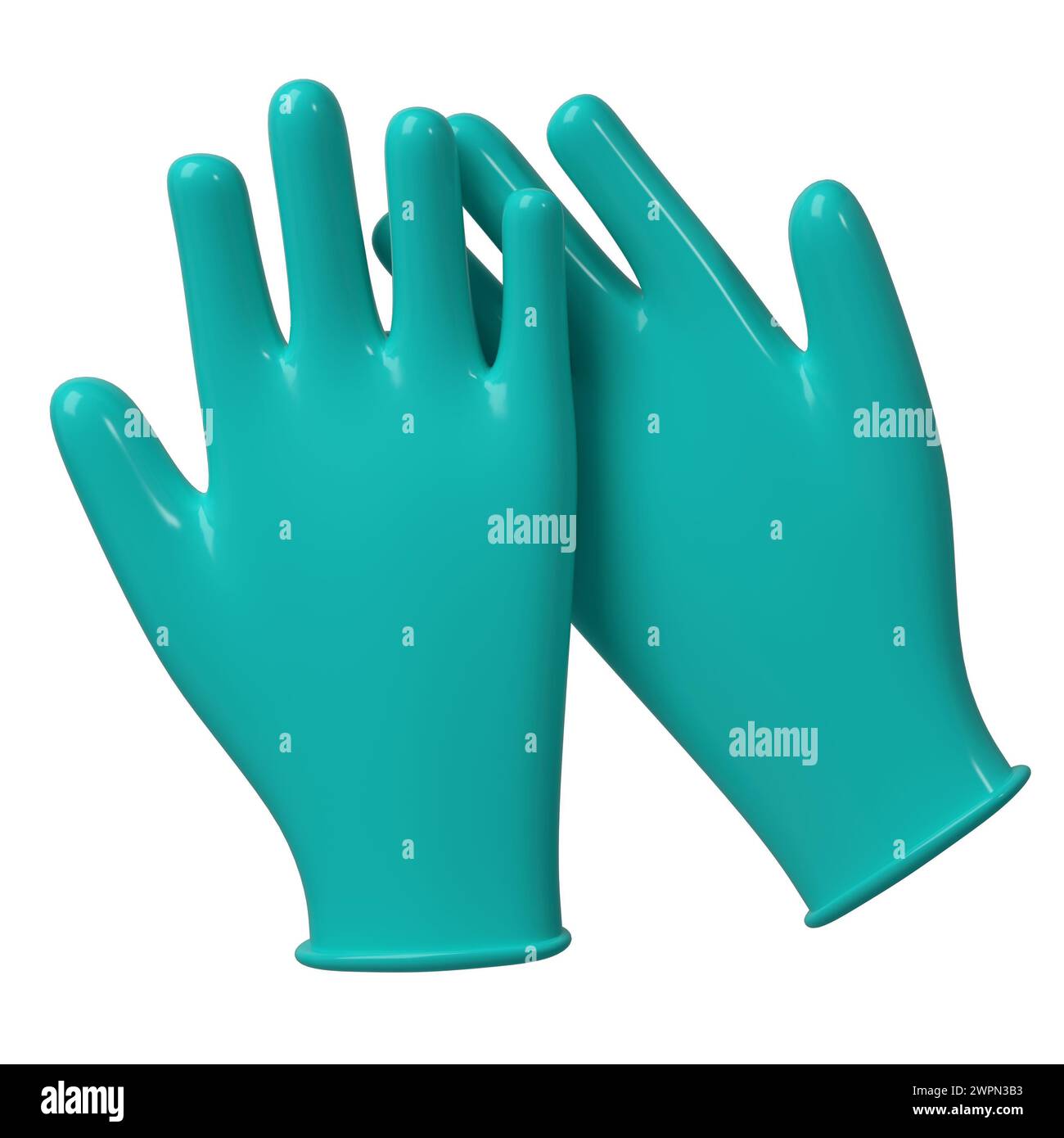Icona due guanti chirurgici in lattice 3D. Dettagli illustrazione del rendering turchese Foto Stock