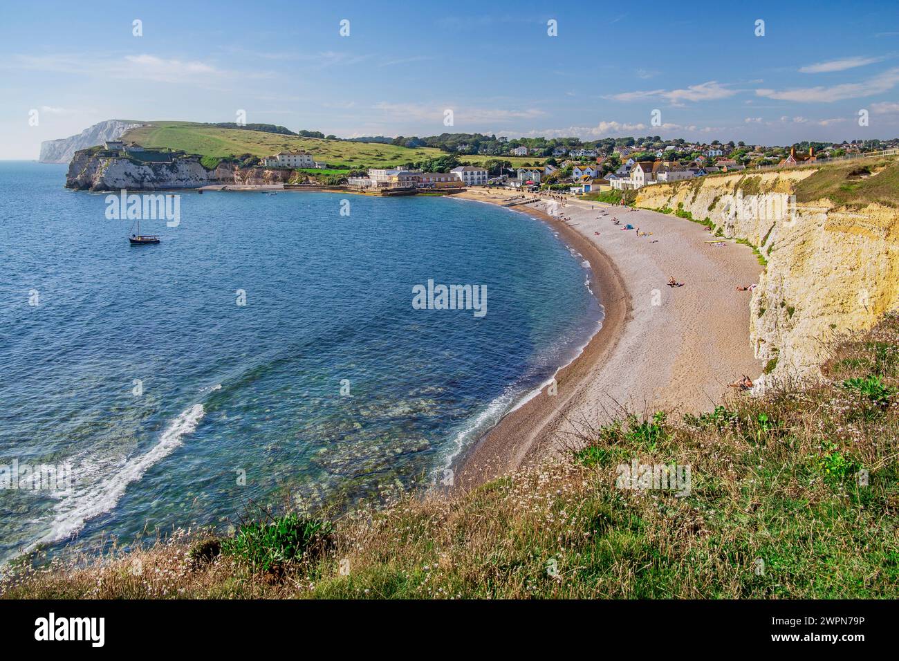 Spiaggia con scogliere a Freshwater Bay, Freshwater, Isle of Wight, Hampshire, Gran Bretagna, Inghilterra Foto Stock