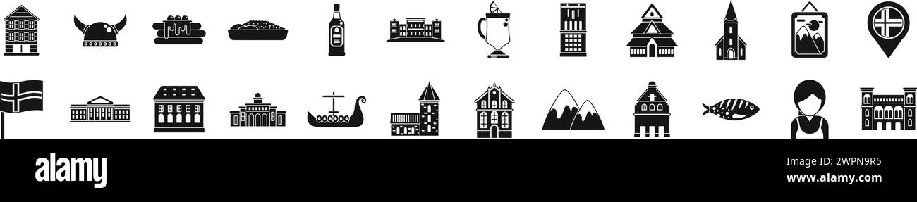 Le icone Oslo impostano un vettore semplice. Città nazionale della Norvegia. Simbolo della scandinavia Illustrazione Vettoriale