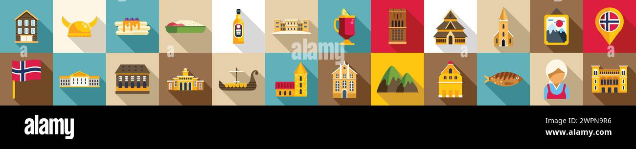 Le icone Oslo impostano un vettore piatto. Città nazionale della Norvegia. Simbolo della scandinavia Illustrazione Vettoriale